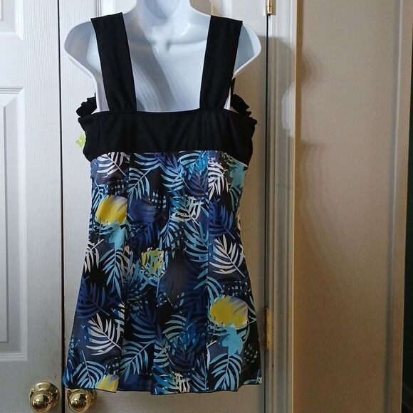 Slopehill black blue fern print Tankini Top Swimwear Dress Sz XL - Picture 4 of 7